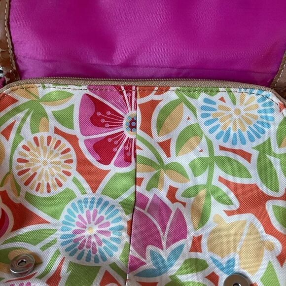 Lily Bloom multi color pastel fabric crossbody bag with tan faux leather trims - Picture 12 of 15